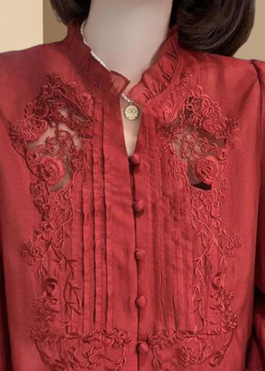 New Red Embroidered Ruffled Button Cotton Shirt Long Sleeve QA1065