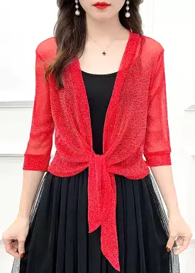 New Red Solid Lace Up Tulle Cardigan Half Sleeve AS1026