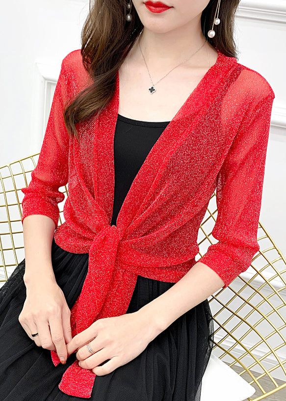 New Red Solid Lace Up Tulle Cardigan Half Sleeve AS1026