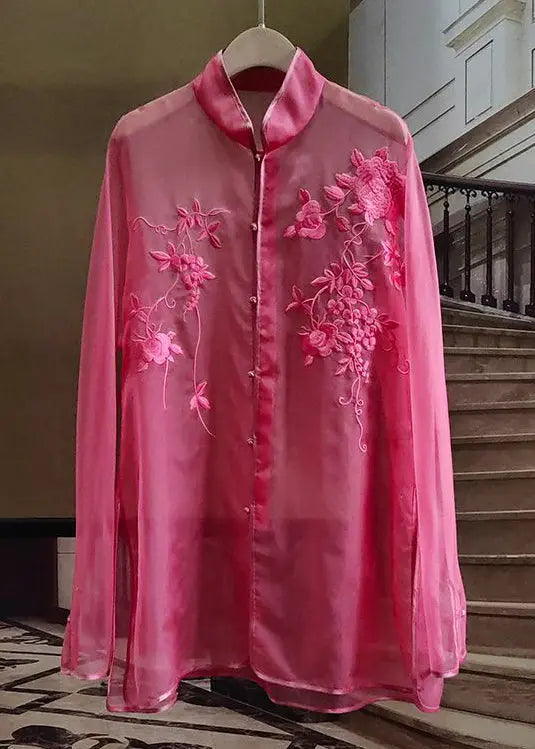 New Rose Embroidered Button Tulle Shirt Long Sleeve CG1052