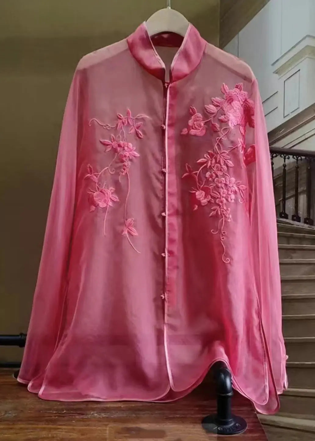 New Rose Embroidered Button Tulle Shirt Long Sleeve CG1052