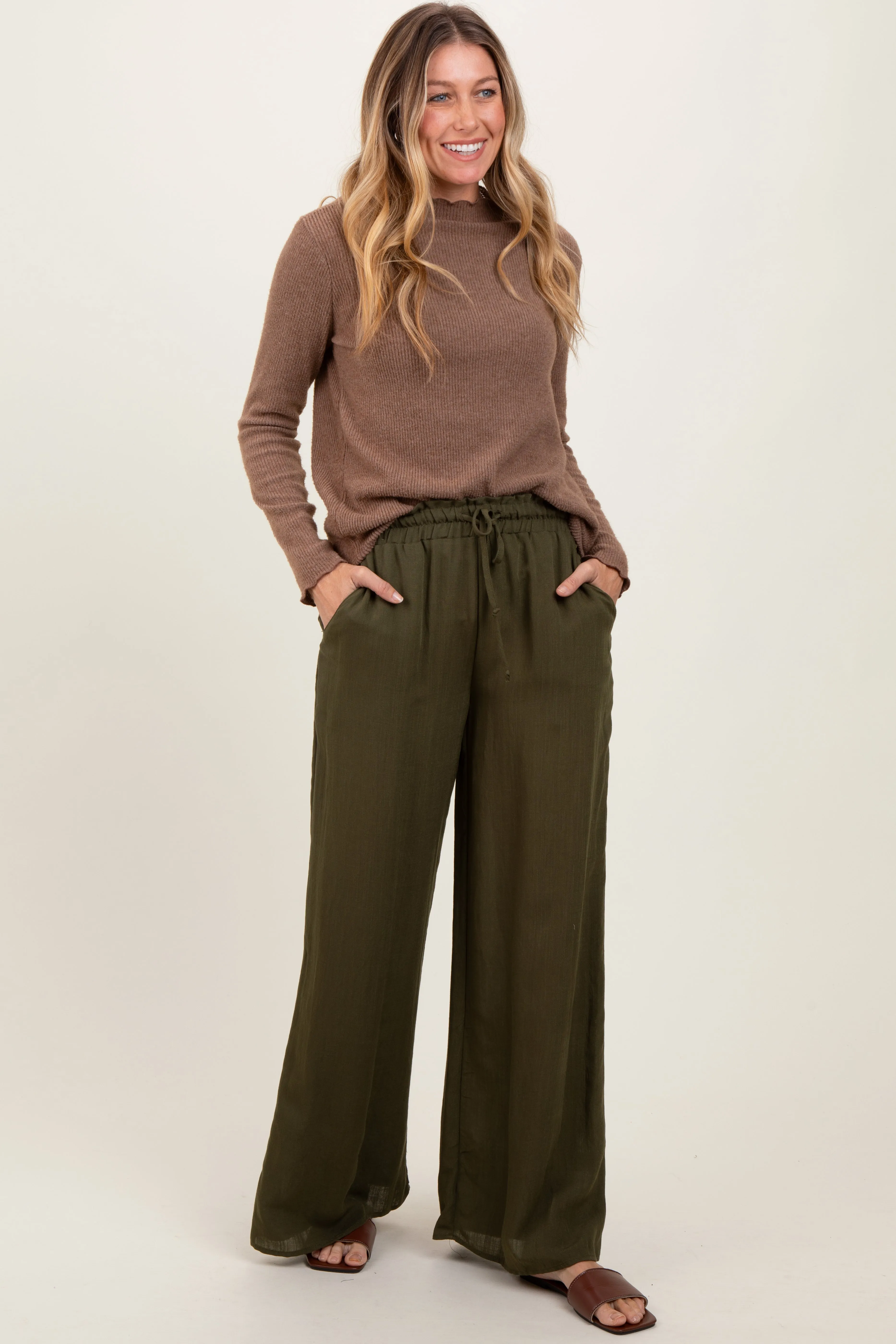 Olive Ruffled Drawstring Waist Wide Leg Pants