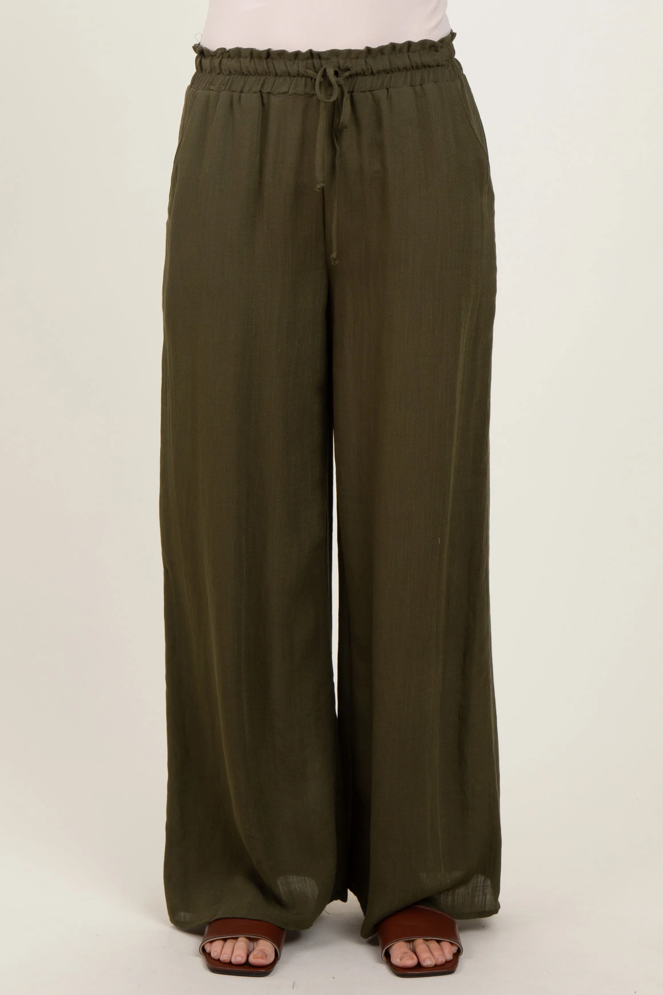 Olive Ruffled Drawstring Waist Wide Leg Pants