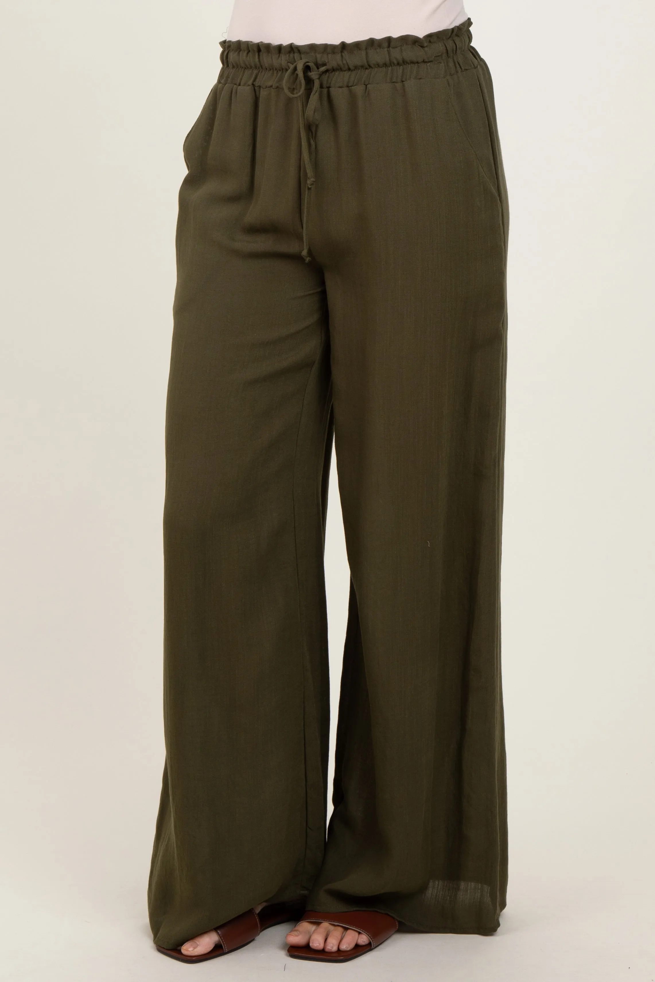 Olive Ruffled Drawstring Waist Wide Leg Pants