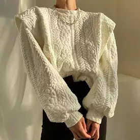 Patterned Scoop Neck Exaggerated Shoulder Sweater