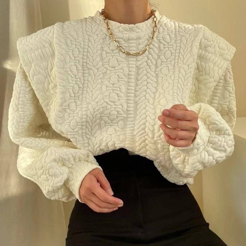 Patterned Scoop Neck Exaggerated Shoulder Sweater