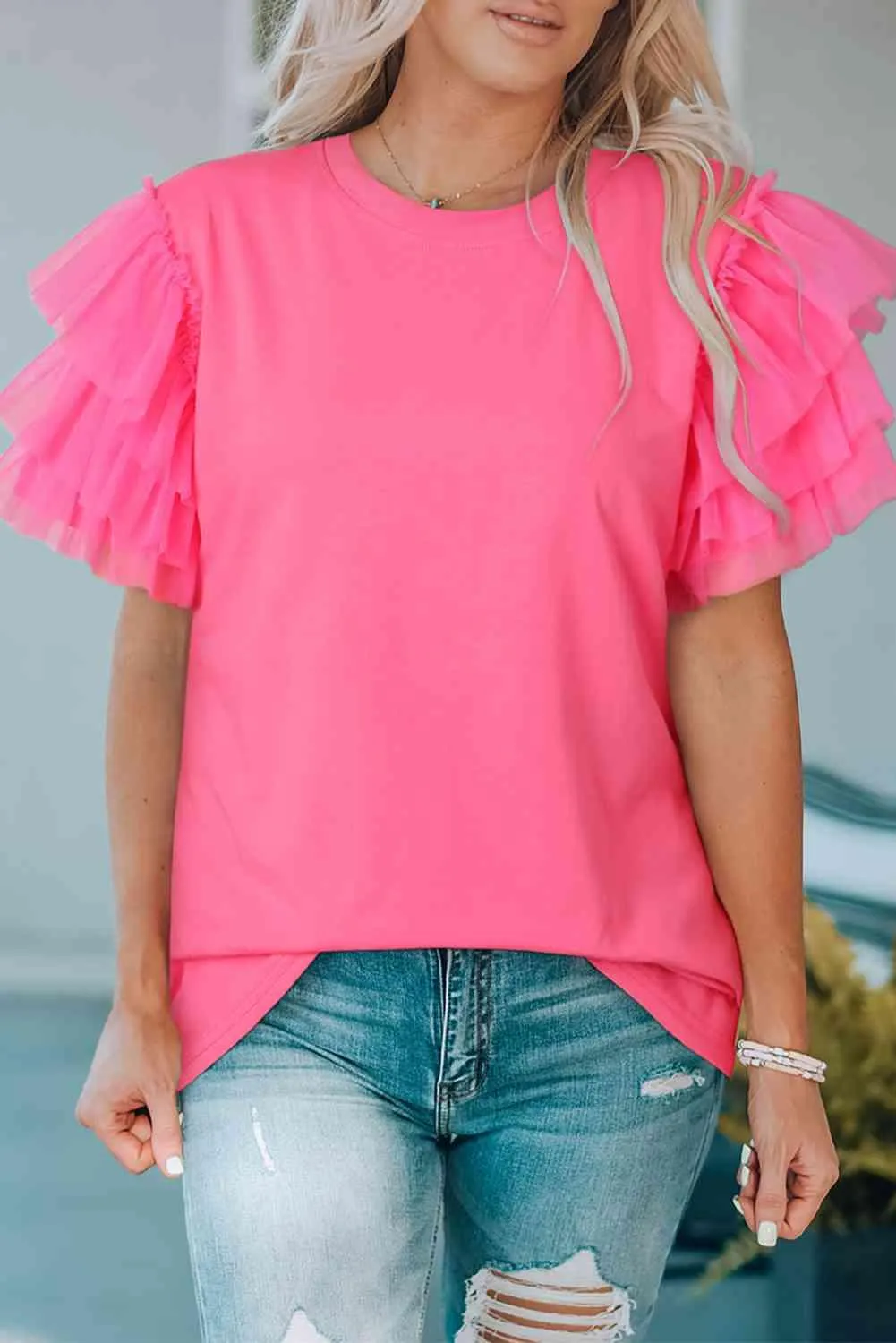 Pink Enchantment Layered Tulle Sleeve Tee