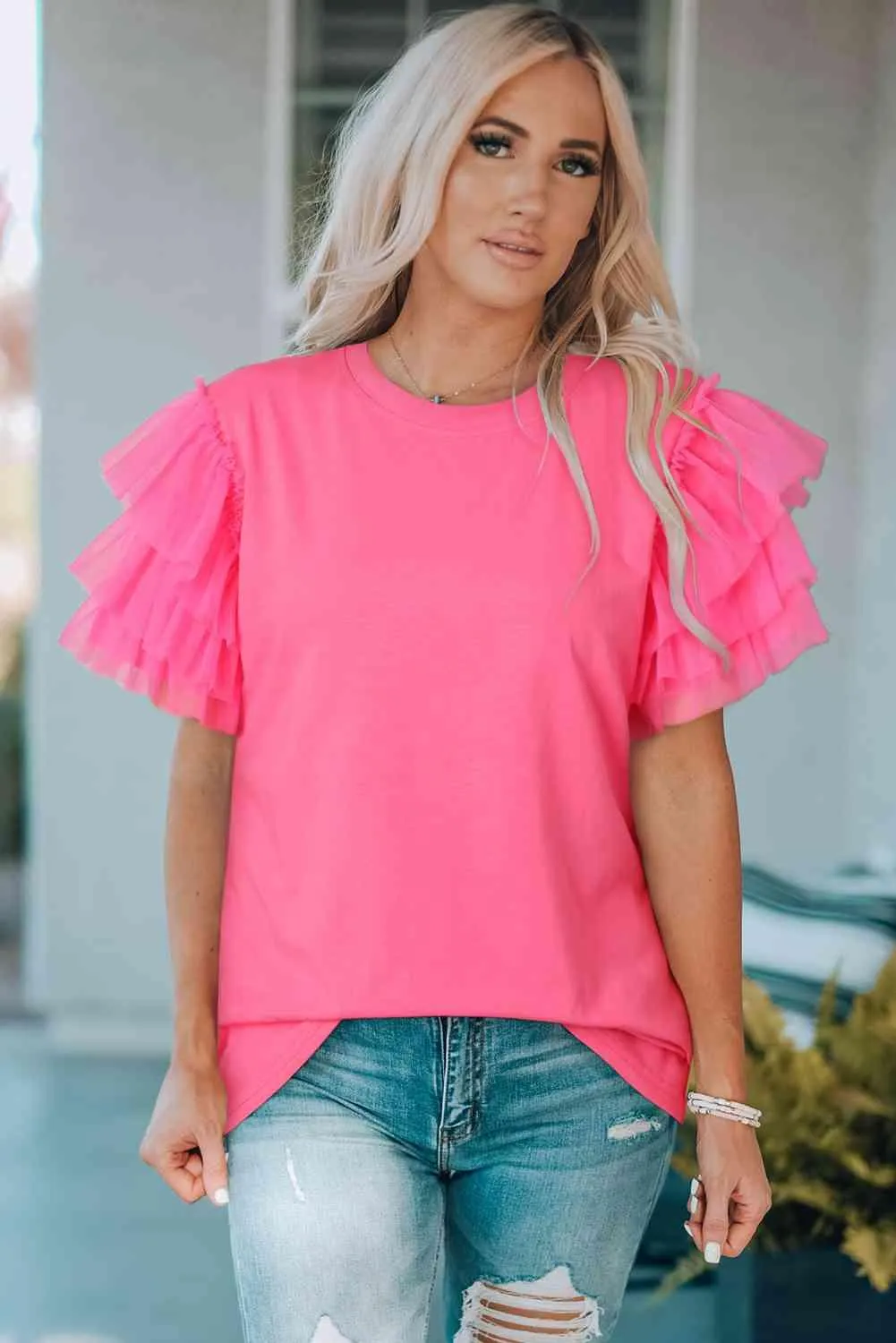 Pink Enchantment Layered Tulle Sleeve Tee