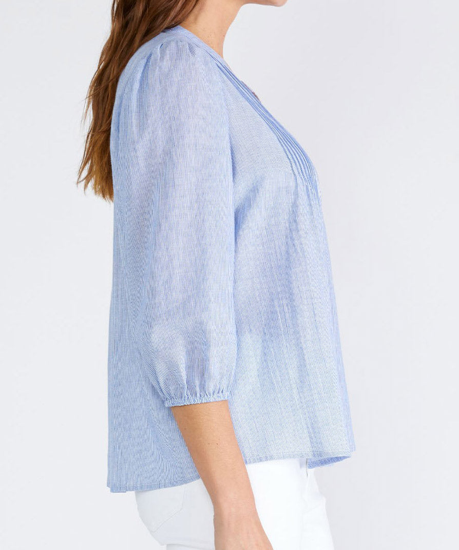 Pintuck 3/4 Sleeve Blouse - Chambray/Ivory