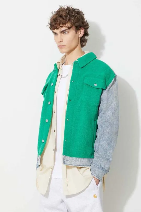 PLEASURES jacket Fried Trucker Jacket men's green color