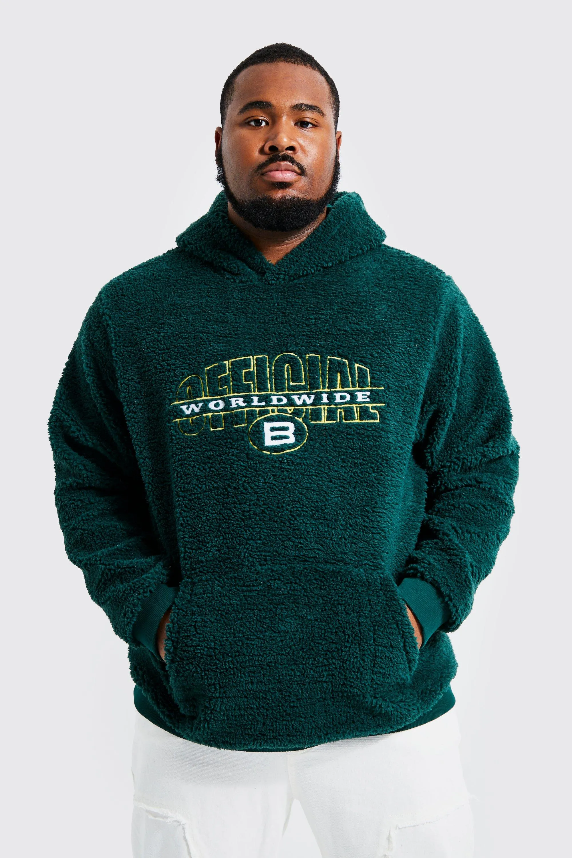 Plus Borg Hoodie With Applique Badge | boohooMAN UK