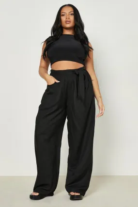 Plus Linen Belted Wide Leg Pants