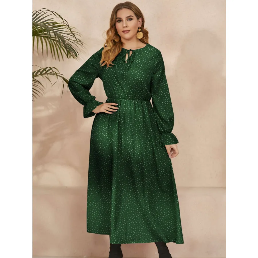 Plus Size Ruffled Polka Dot Long Sleeve Midi Dress