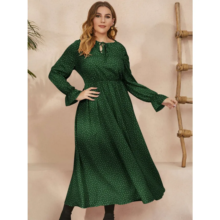 Plus Size Ruffled Polka Dot Long Sleeve Midi Dress