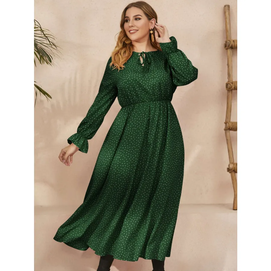 Plus Size Ruffled Polka Dot Long Sleeve Midi Dress