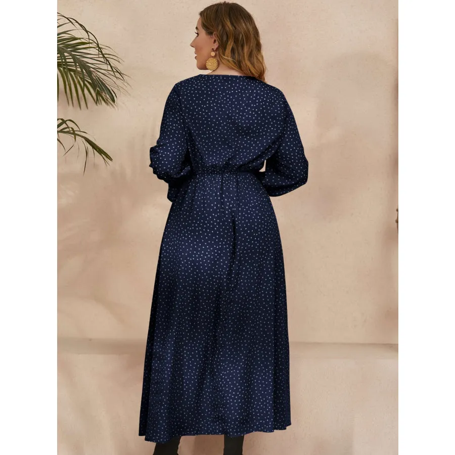 Plus Size Ruffled Polka Dot Long Sleeve Midi Dress