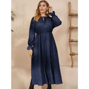 Plus Size Ruffled Polka Dot Long Sleeve Midi Dress