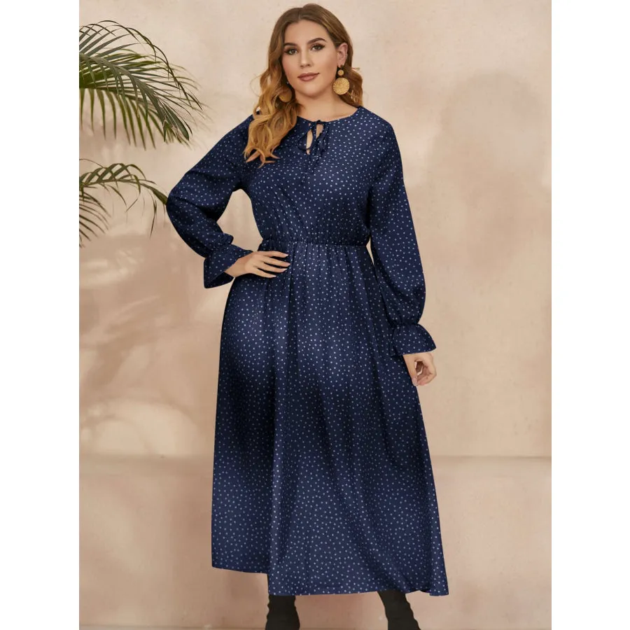 Plus Size Ruffled Polka Dot Long Sleeve Midi Dress