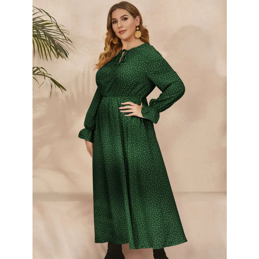 Plus Size Ruffled Polka Dot Long Sleeve Midi Dress