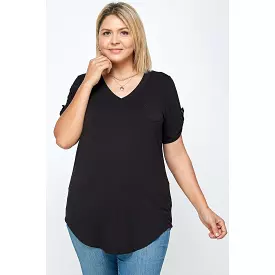 Plus size short sleeve solid knit v-neck top