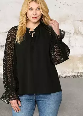 Plus Size Zebra Burnout Sleeve Ruffled Neck Bubble Crepe Blouse