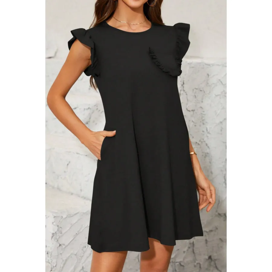 Pocketed Ruffled Cap Sleeve Mini Dress