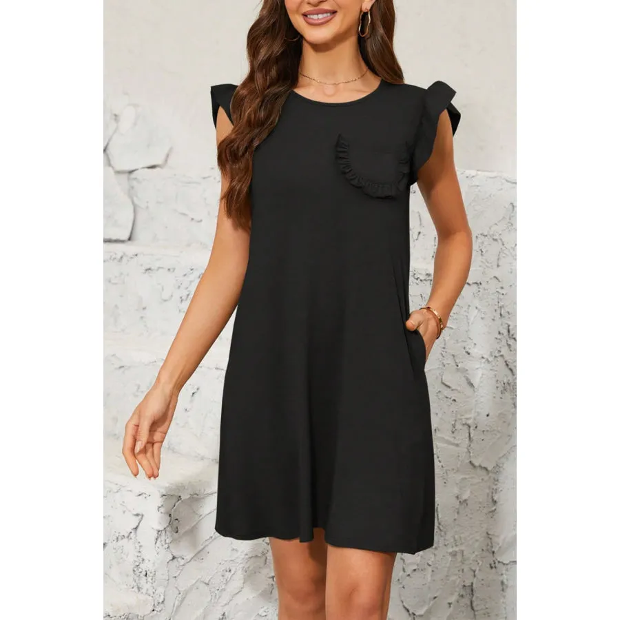 Pocketed Ruffled Cap Sleeve Mini Dress