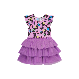 Posh Peanut - Ruffled Cap Sleeve Tulle Dress in Electric Leopard