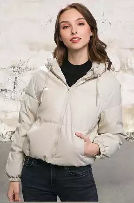 Pu Faux Leather Zipper Cream Hooded Puffer Jacket