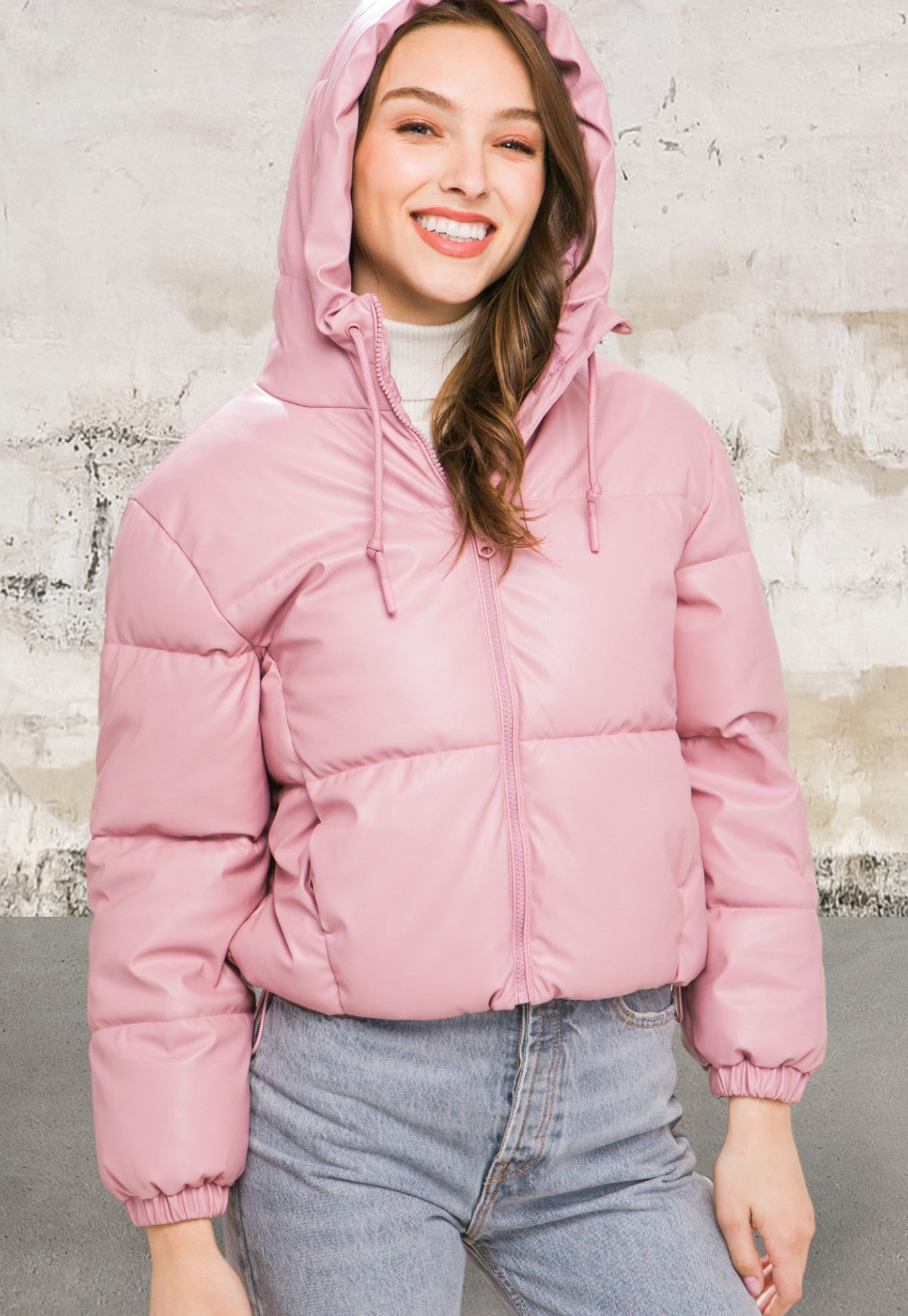 Pu Faux Leather Zipper Hooded Pink Jacket