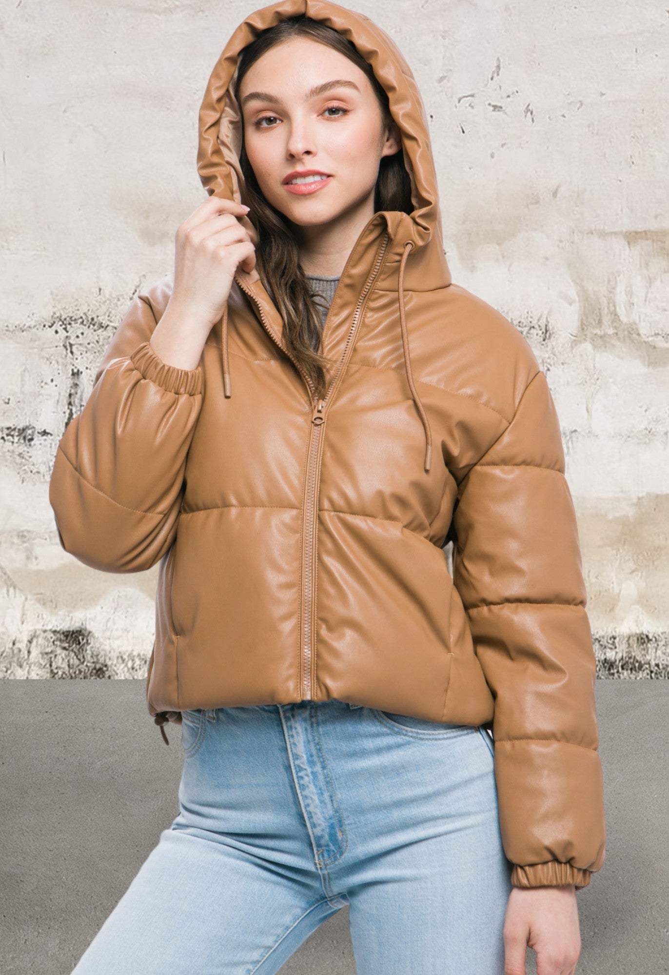 Pu Faux Leather Zipper Hooded Puffer Camel Jacket