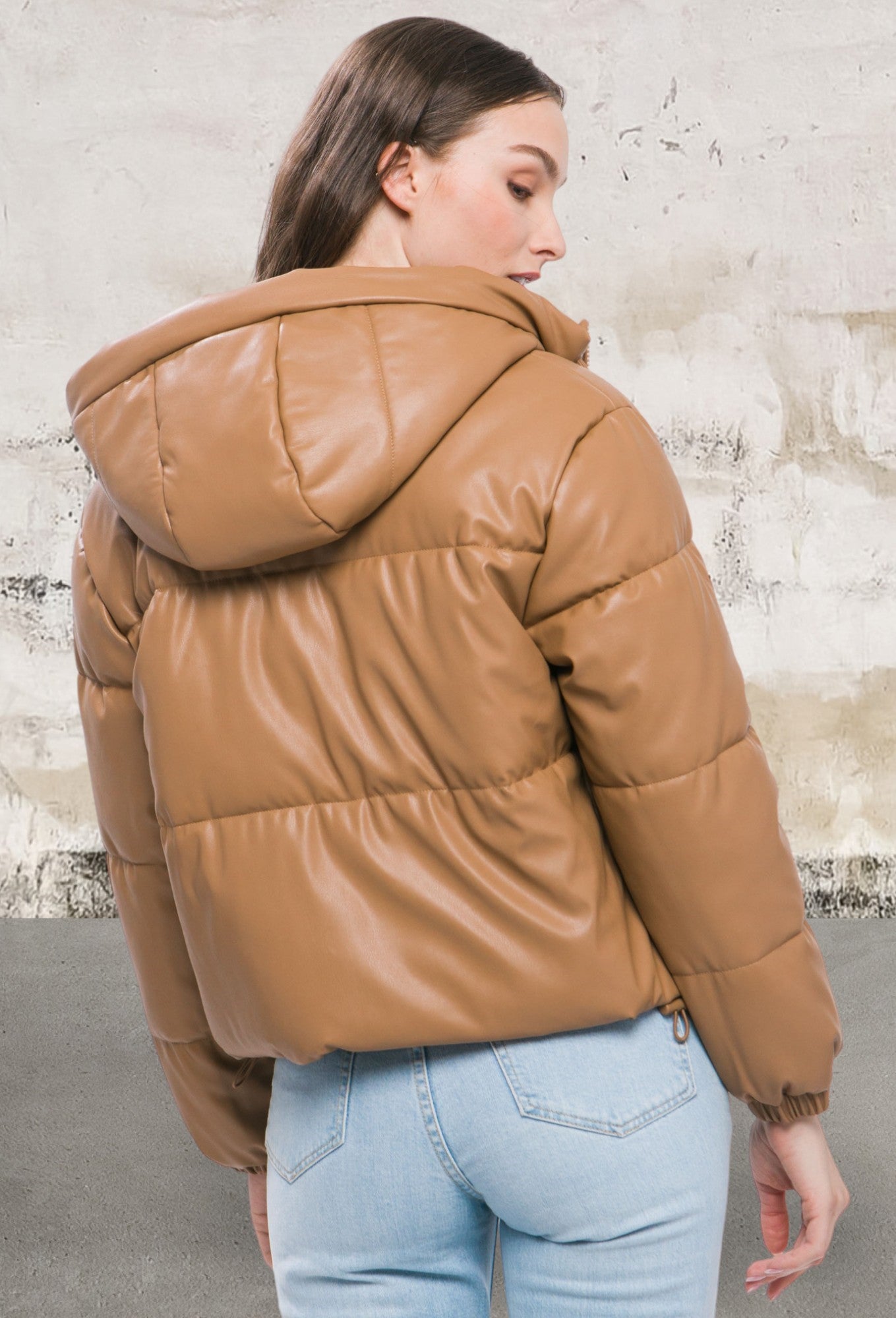 Pu Faux Leather Zipper Hooded Puffer Camel Jacket