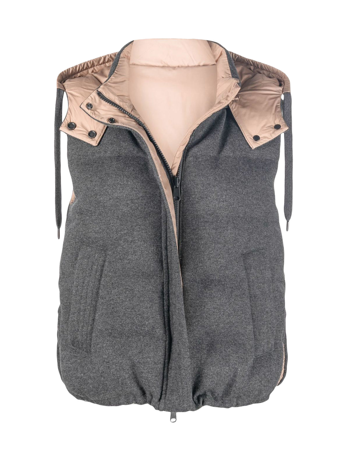 Reversible sleeveless down jacket in cashmere knit with hood and Shiny Trim