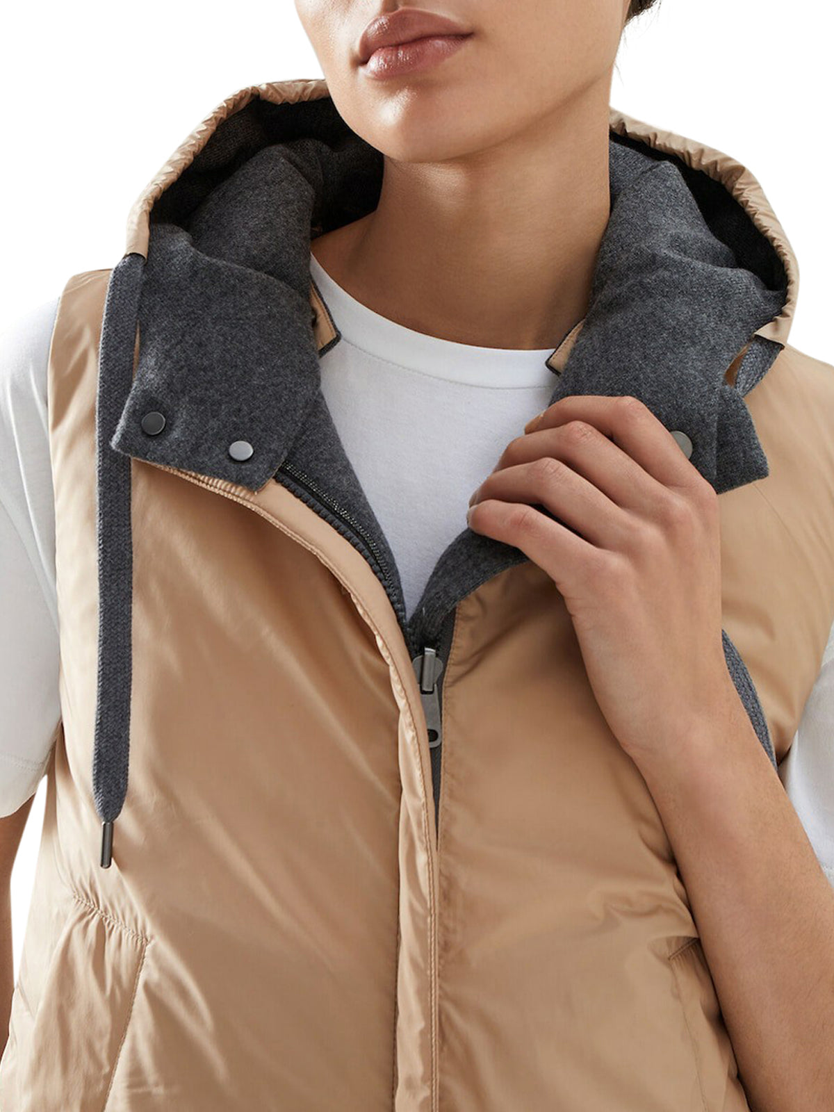 Reversible sleeveless down jacket in cashmere knit with hood and Shiny Trim