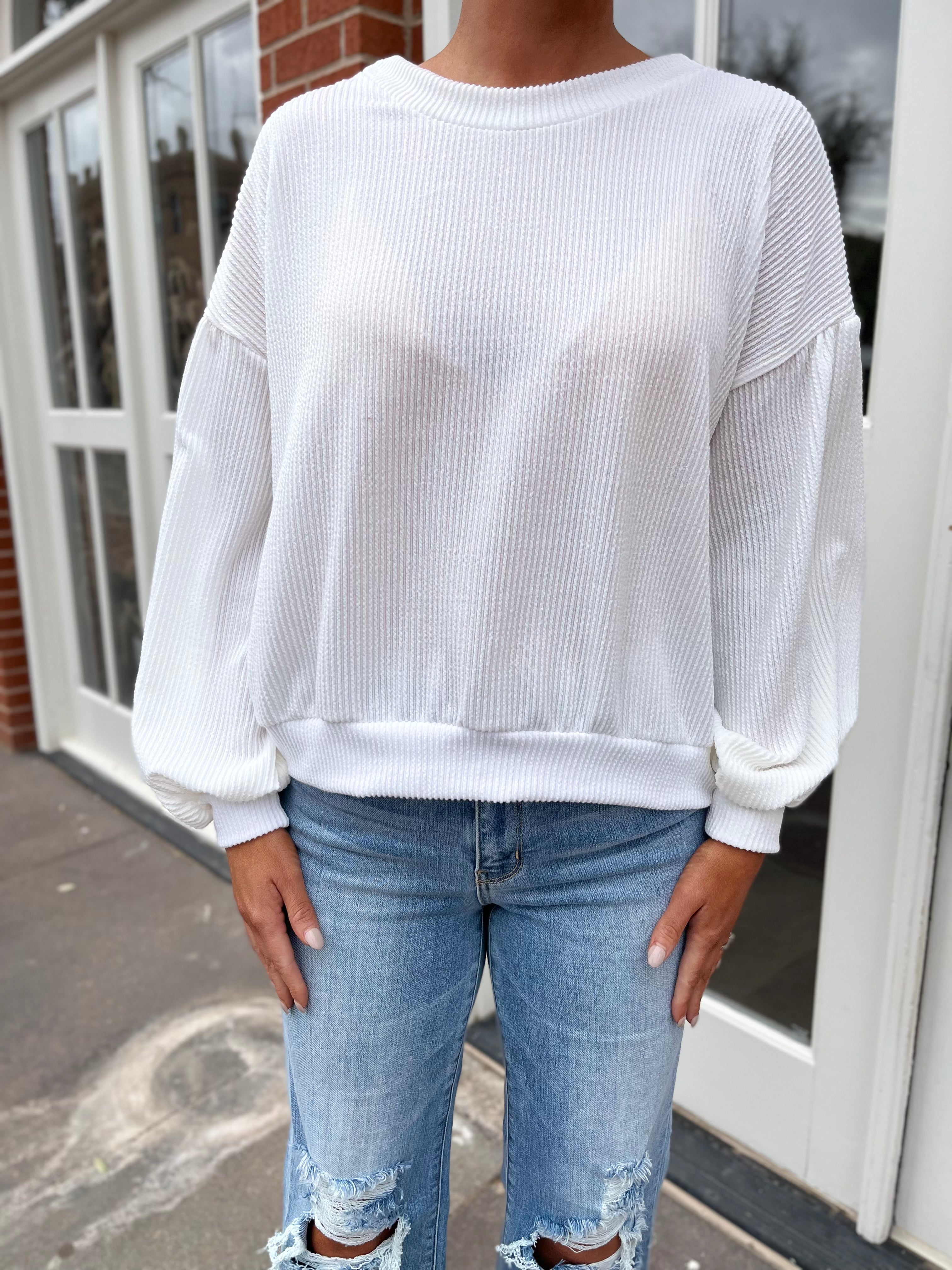 Rib Knit Drop Shoulder Top - Off White