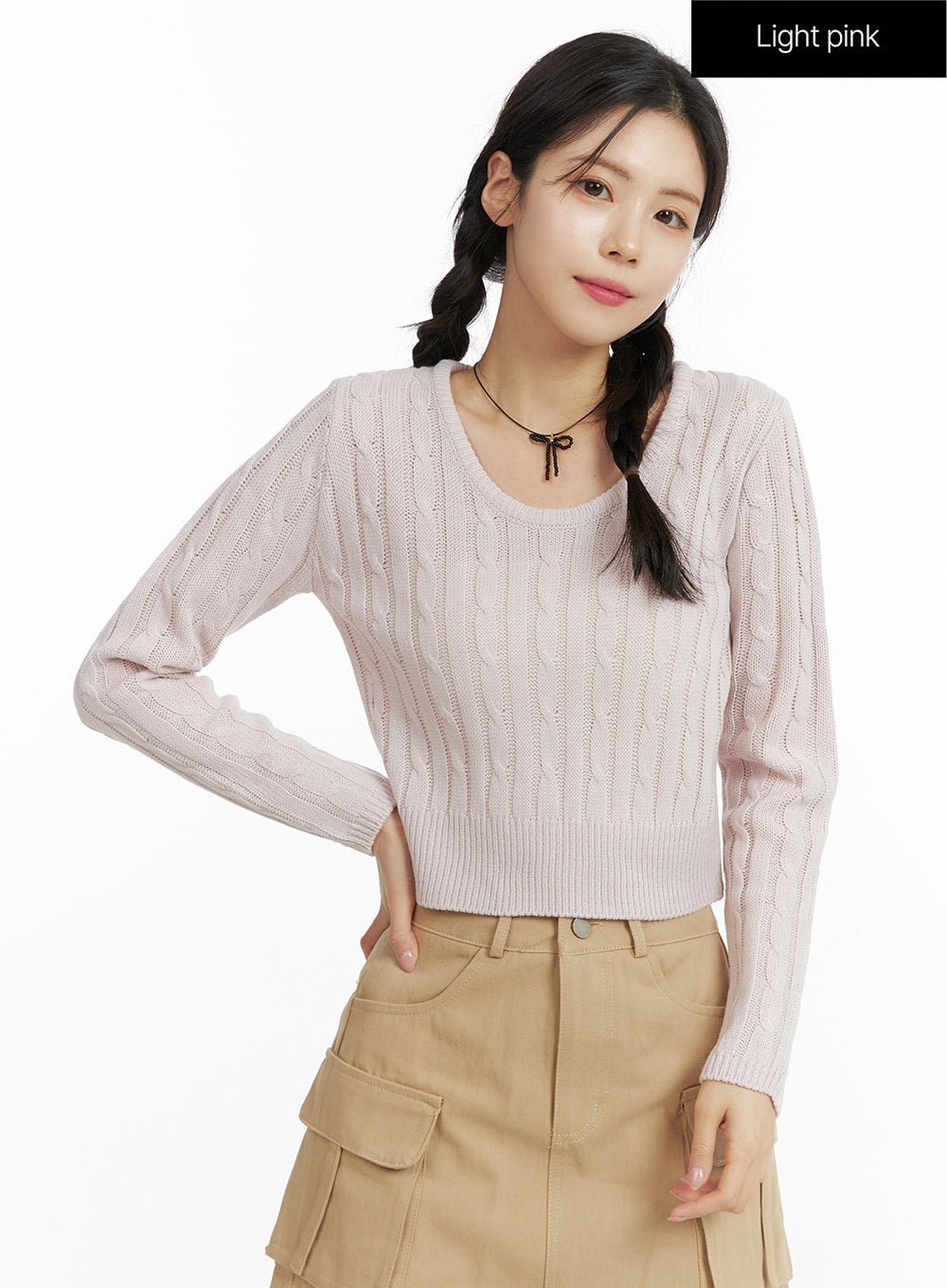 Round Neck Crop Cable Sweater OF408