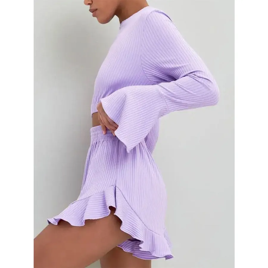 Round Neck Long Sleeve Top and Ruffled Shorts Set