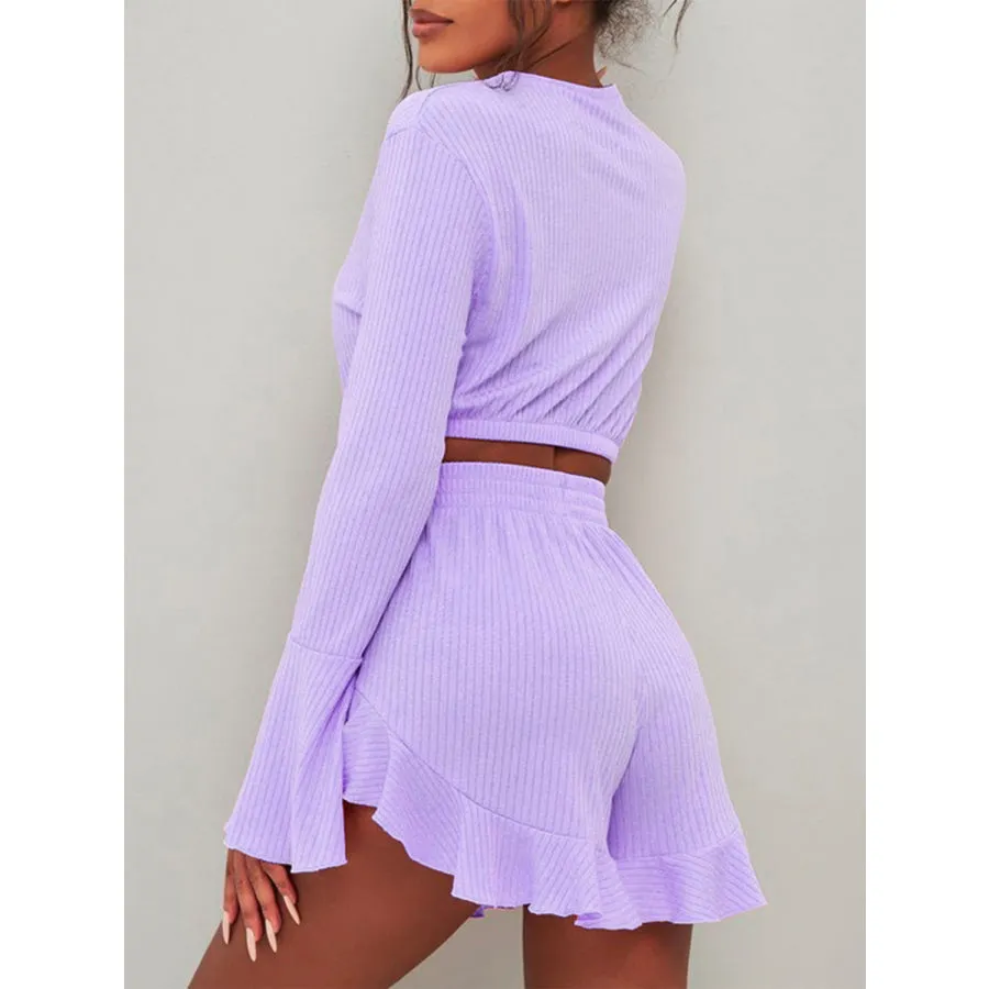 Round Neck Long Sleeve Top and Ruffled Shorts Set