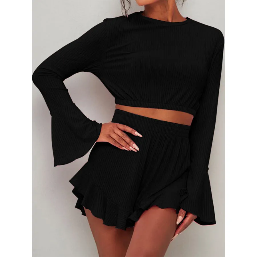 Round Neck Long Sleeve Top and Ruffled Shorts Set