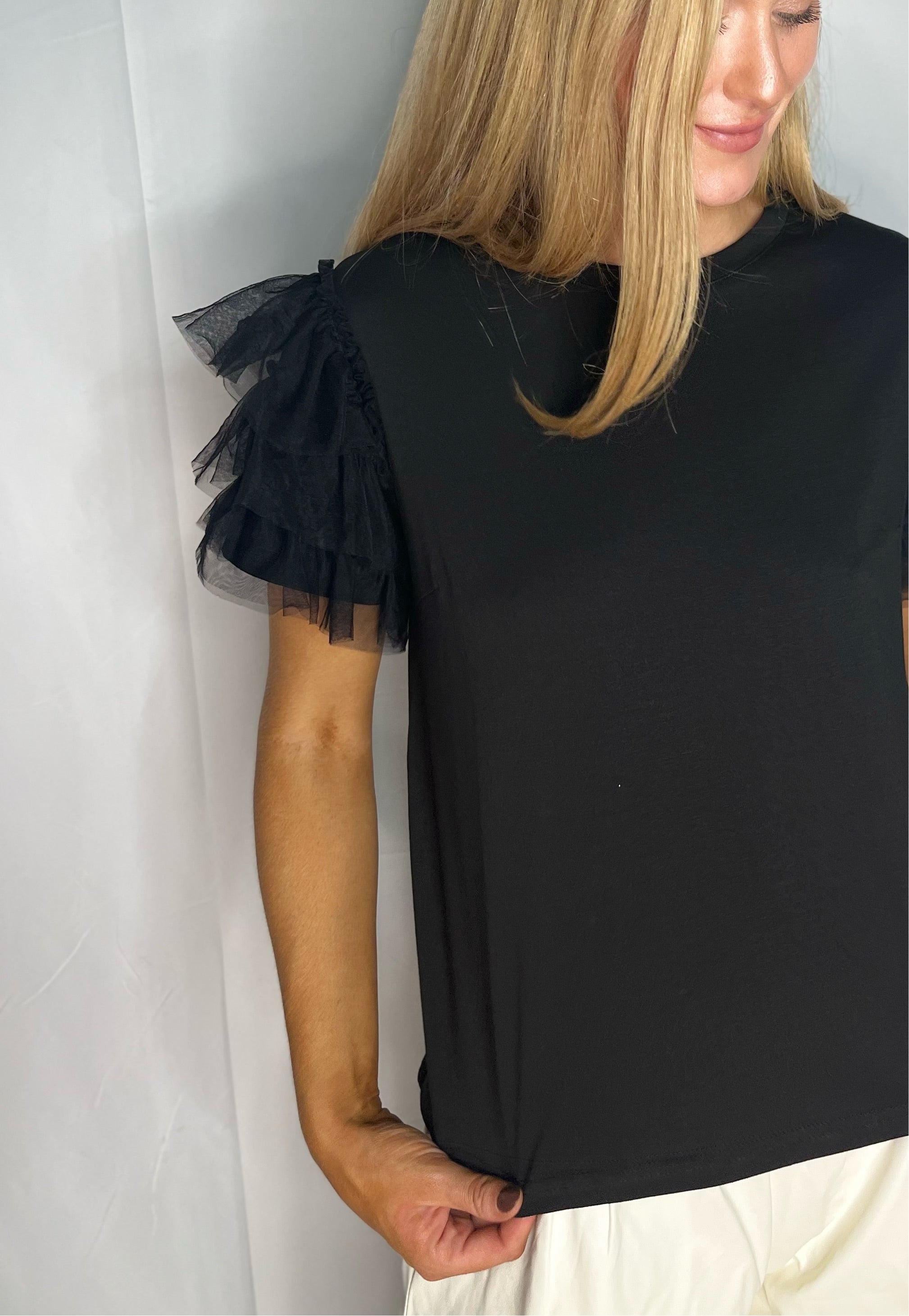 Ruffled Chiffon Sleeve Top - Black