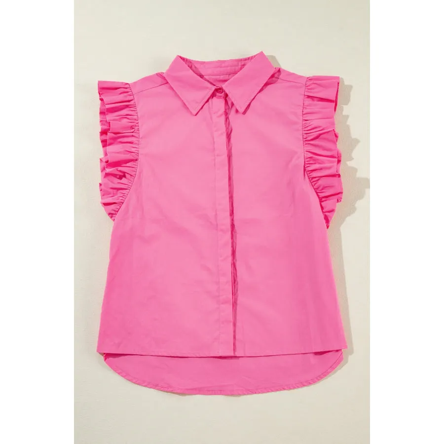 Ruffled Collared Neck Cap Sleeve Shirt