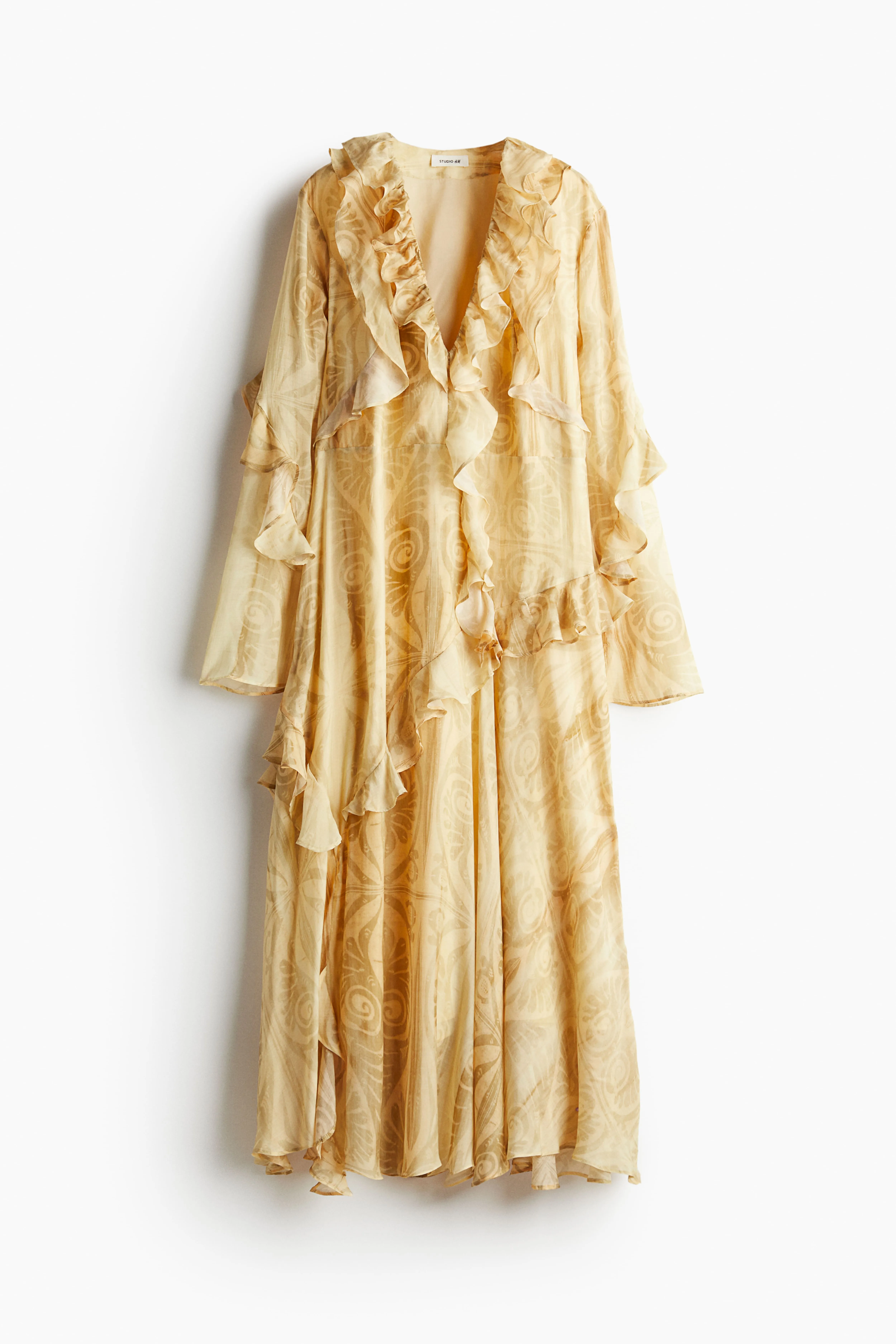 Ruffled patterned dress - V-neck - Long sleeve - Pastel yellow/Patterned - Ladies | H&M GB