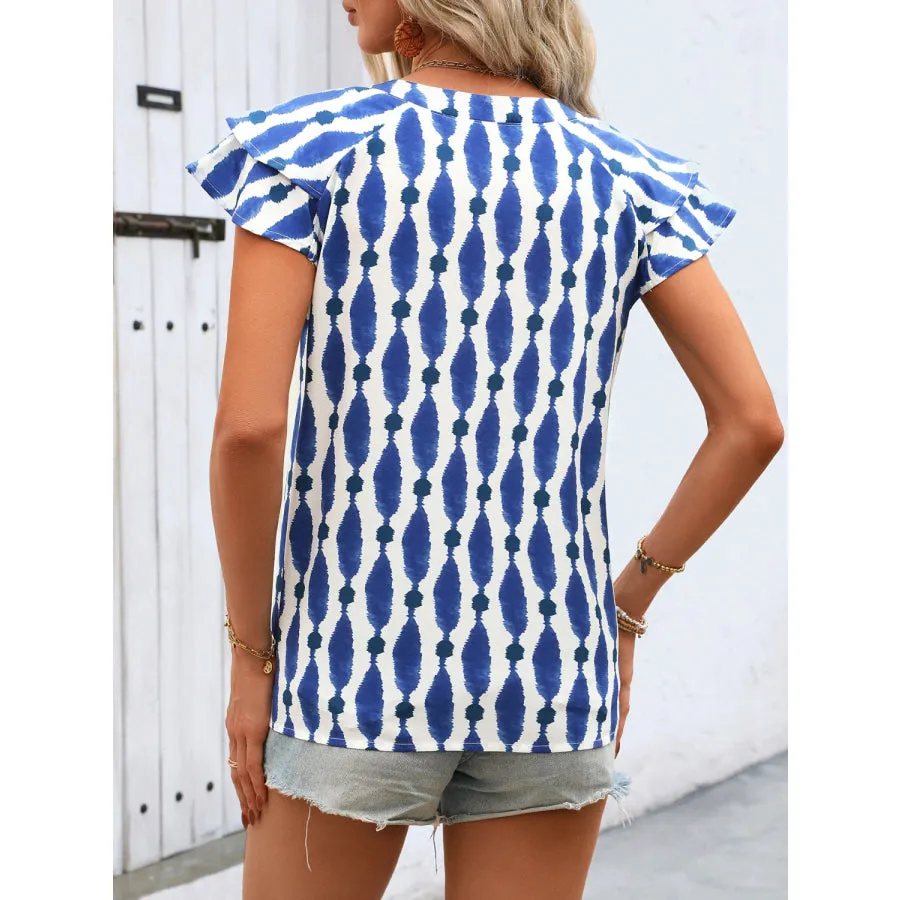 Ruffled Printed Notched Cap Sleeve Blouse