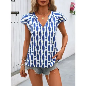 Ruffled Printed Notched Cap Sleeve Blouse