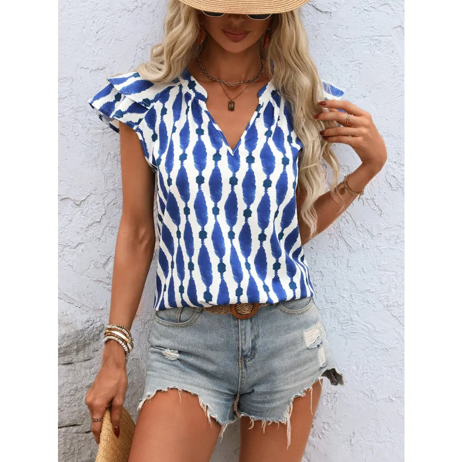 Ruffled Printed Notched Cap Sleeve Blouse