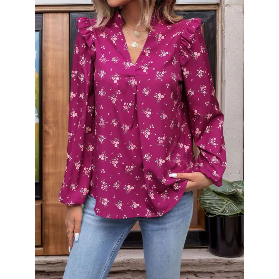 Ruffled Printed Notched Long Sleeve Blouse