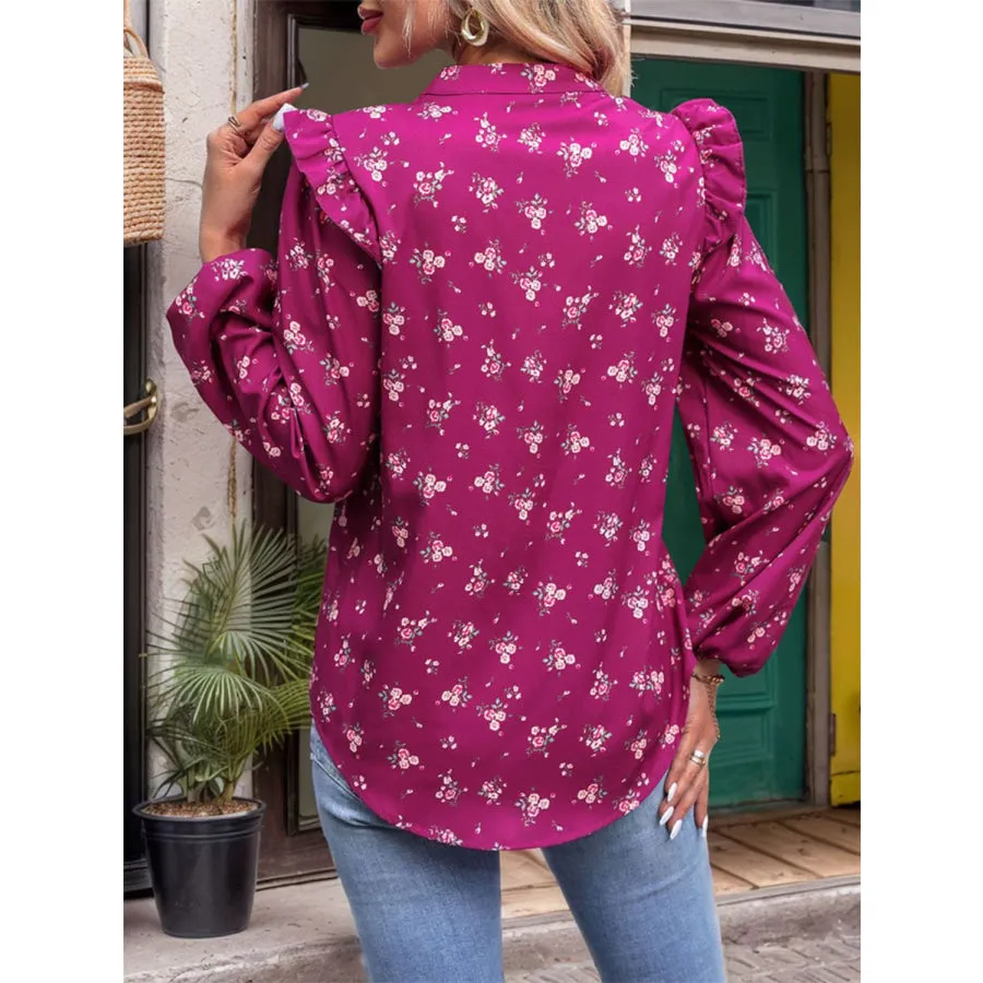 Ruffled Printed Notched Long Sleeve Blouse