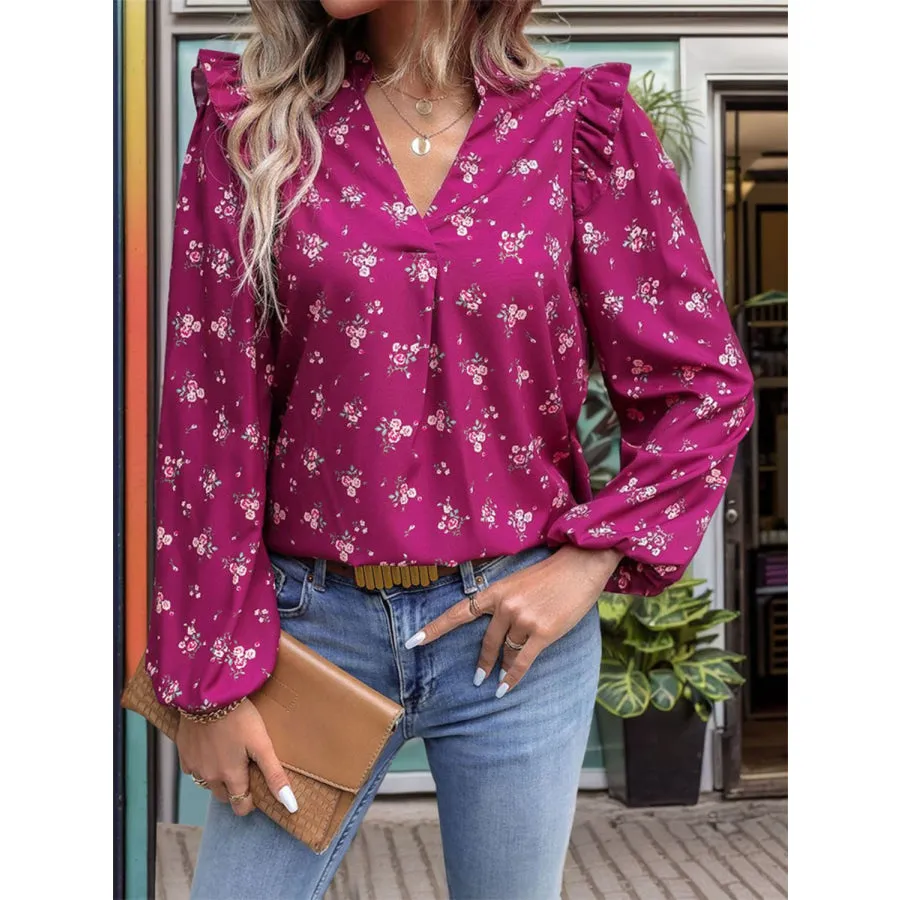 Ruffled Printed Notched Long Sleeve Blouse