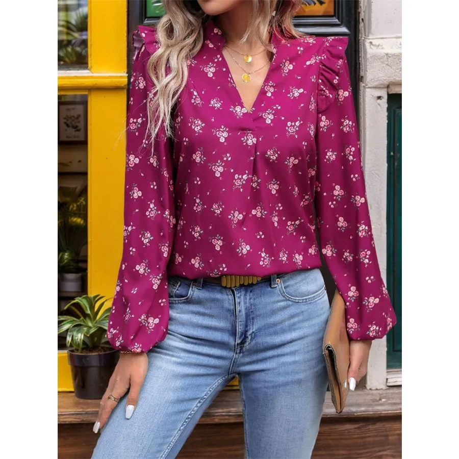 Ruffled Printed Notched Long Sleeve Blouse