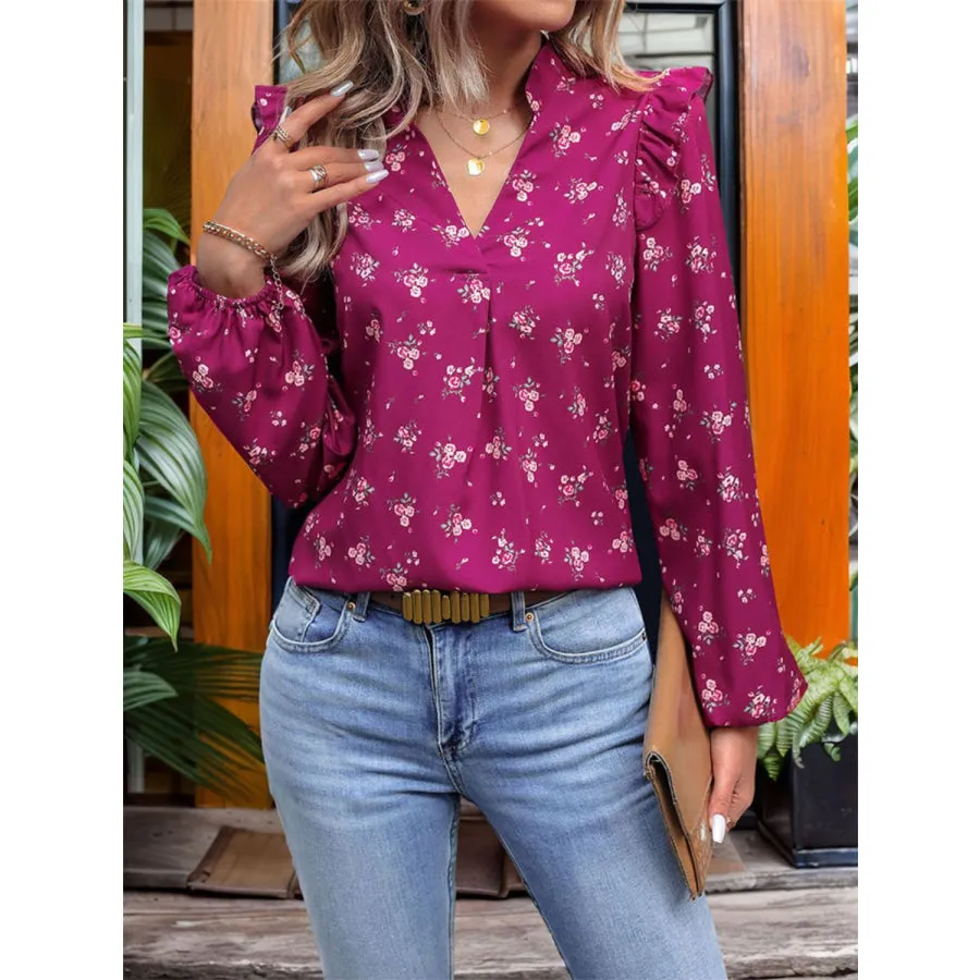 Ruffled Printed Notched Long Sleeve Blouse